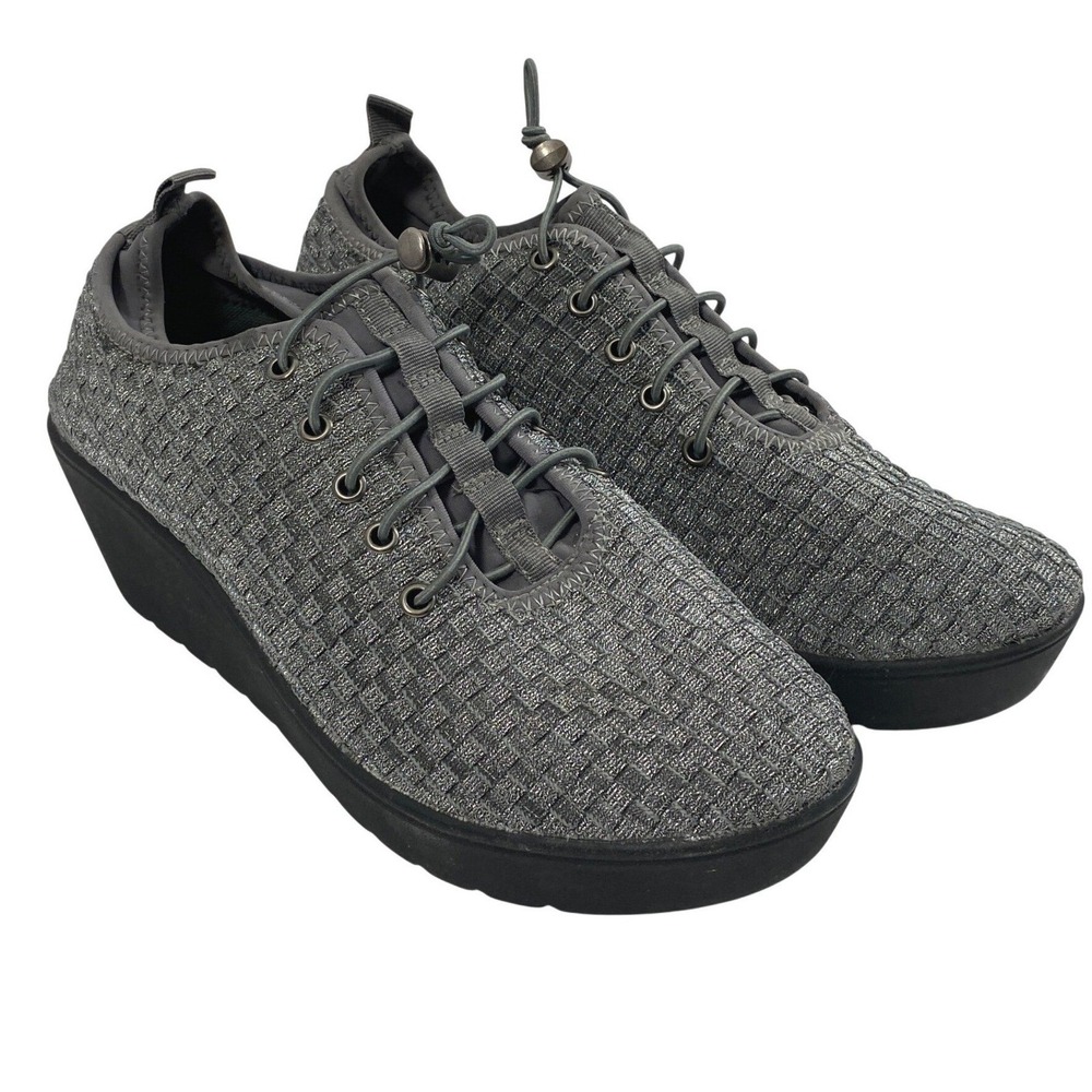 Steven by Steve Madden Wedge Sneakers Women 10 Gray Woven Bungee Metallic